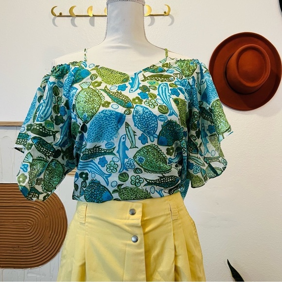 Anthropologie Tops - Anthropologie Vanessa Virginia Silk Fish Print Off Shoulder Blouse